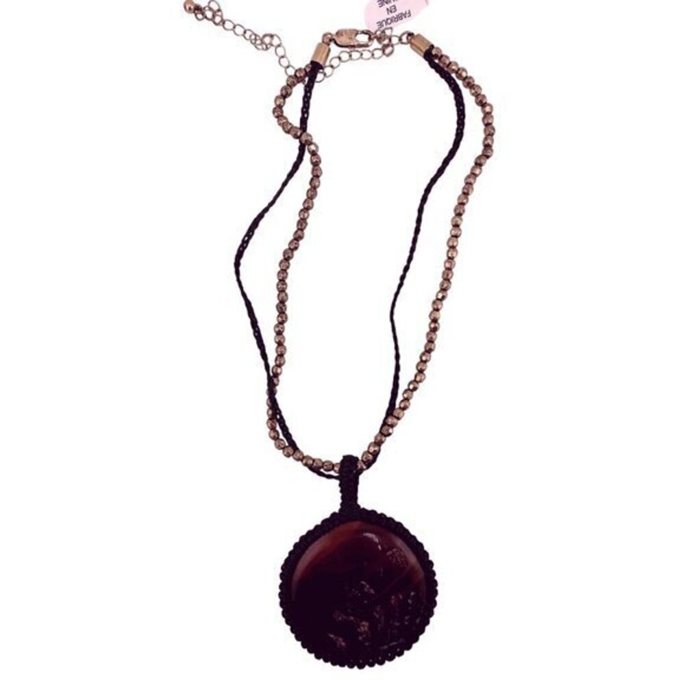 Free People Multistrand Necklace With Black & Gold Beaded Chain Natural Stone